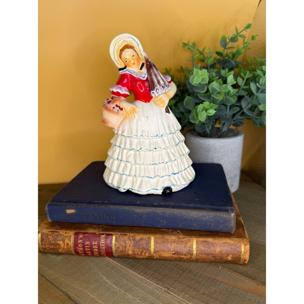 Vintage Southern Belle Chalkware Figurine Red Dress Bonnet Ruffle Skirt 7 inch